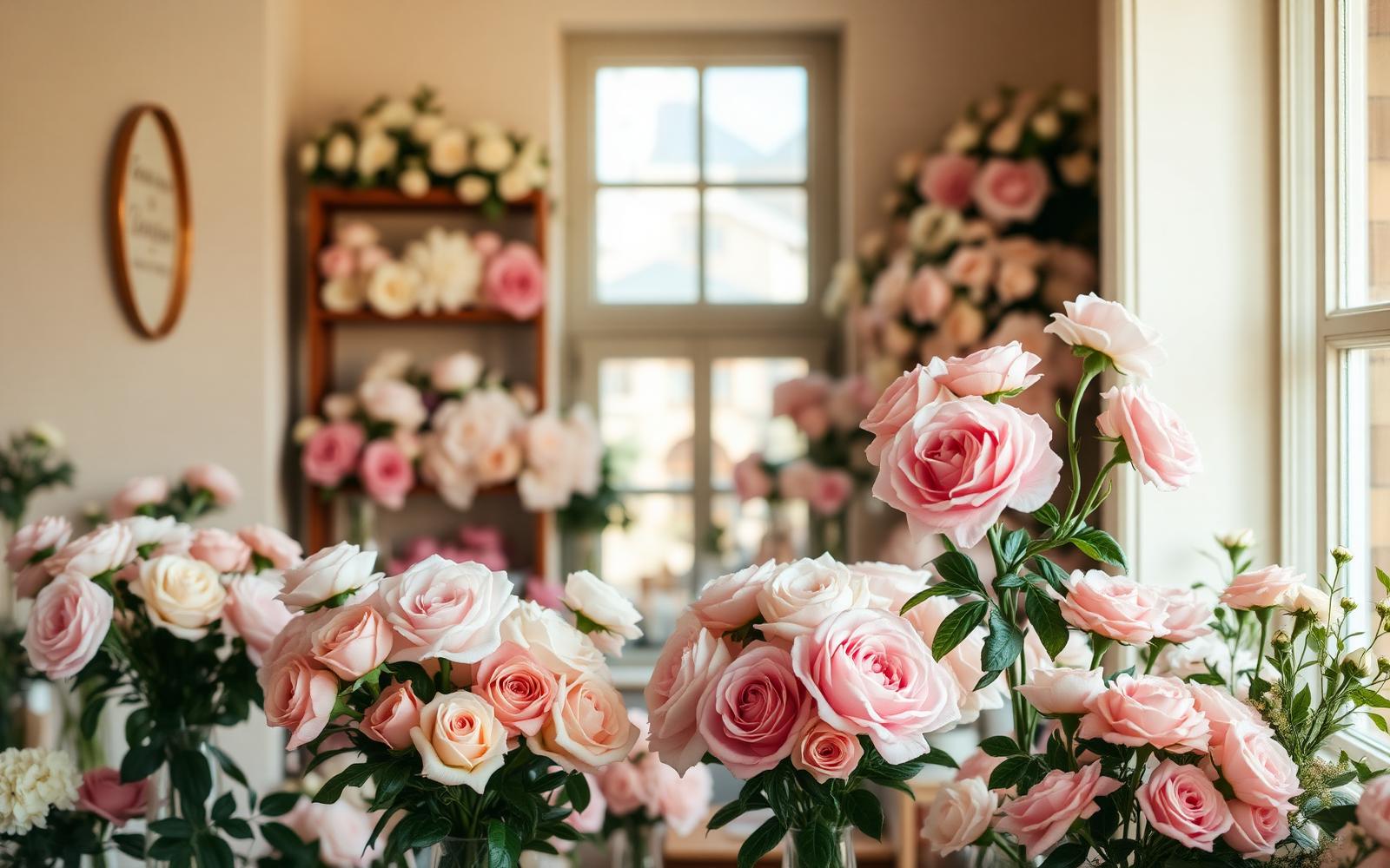 Inside the Petal & Stem flower shop, surrounded by fresh pink roses